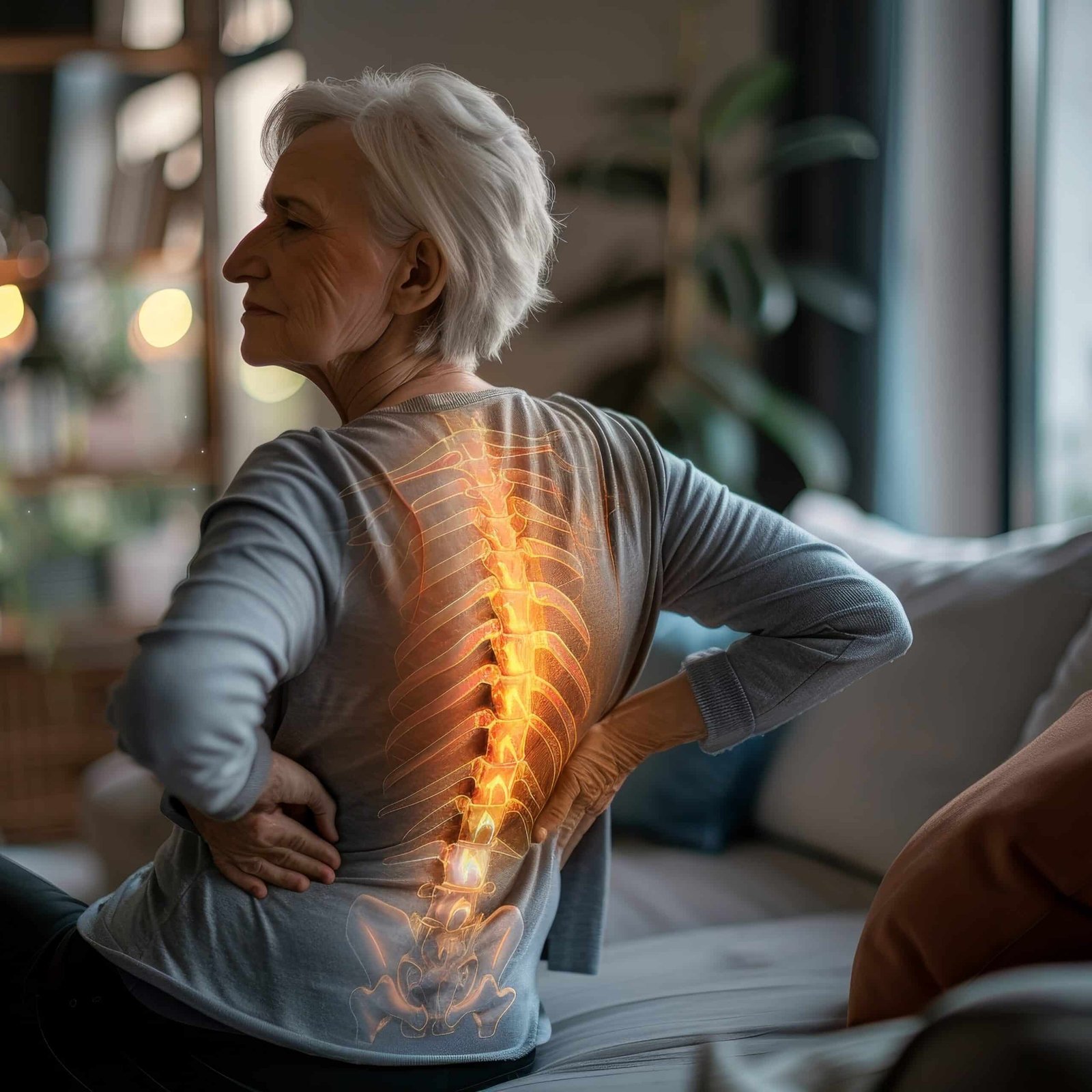 Digital composite of highlighted spine of senior woman with back pain at home. Photo with copy space. highlighted spine of senior woman with back pain