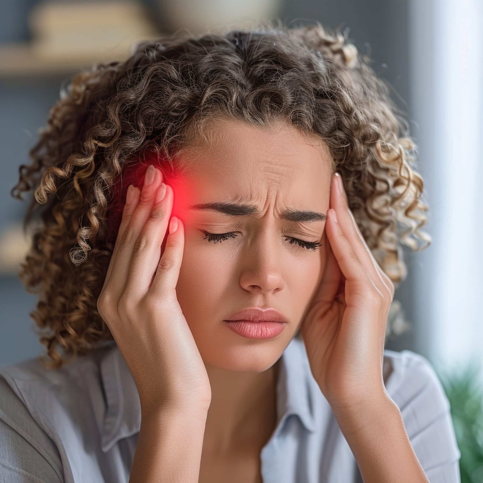 Headache, agony discomfort and migraine with effective treatment, stress relief, lifestyle adjustments for improved health and well-being, solution for symptom relief and comfor pulsating character woman with Headache agony discomfort and migraine