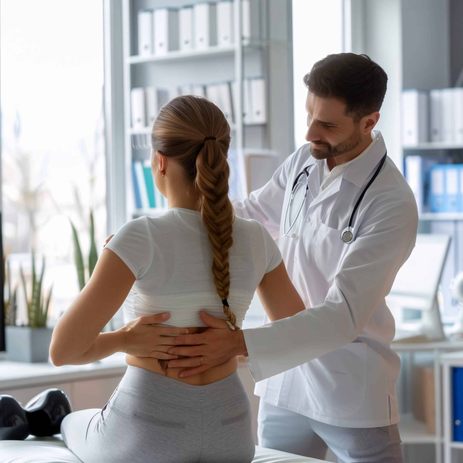 male-osteopath-examining-young-woman-modern-office-focusing-her-back-as-part <br />
A male osteopath examining a young woman in a modern office, focusing on back