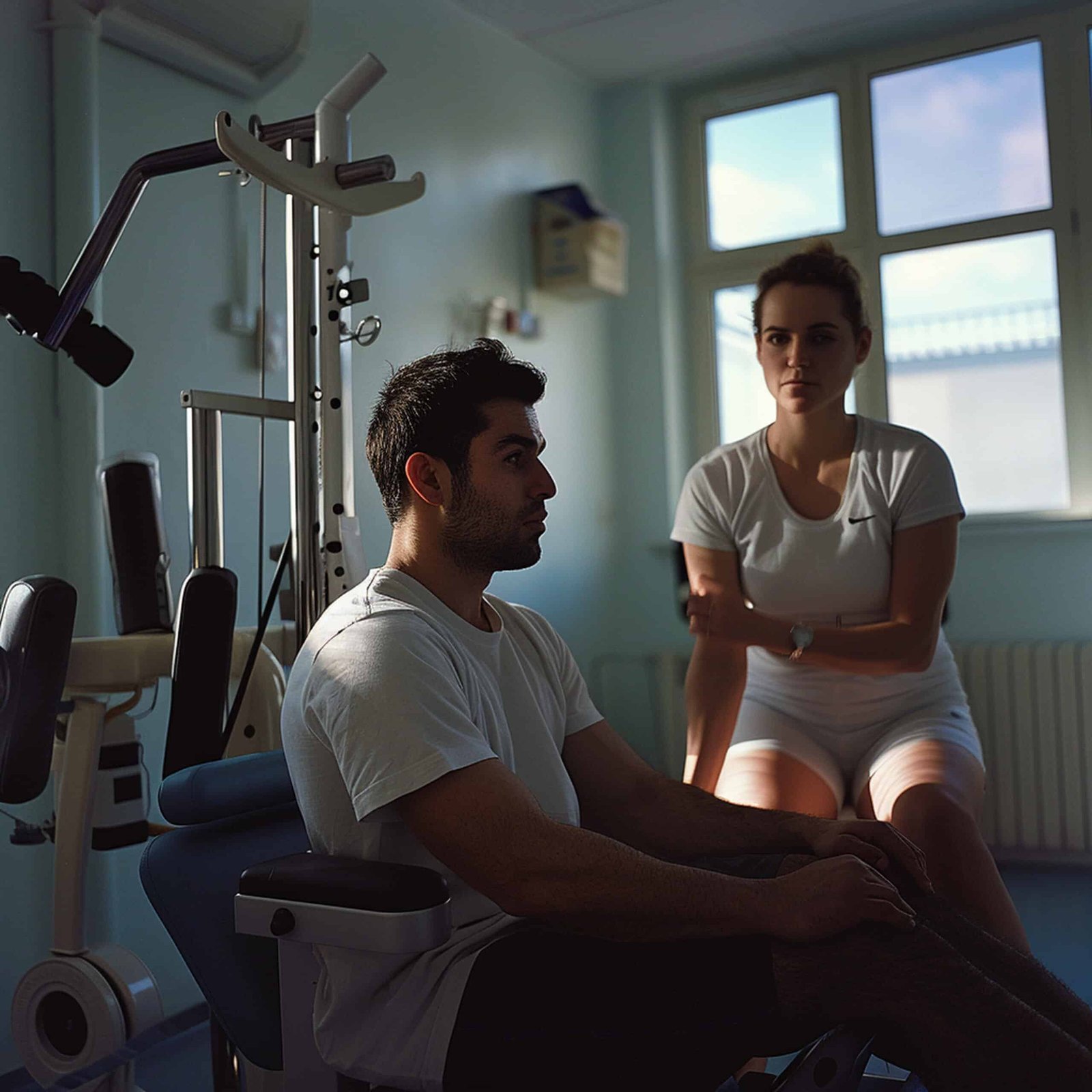 male-patient-performing-physiotherapy-exercises-with-female-medic Male patient performing physiotherapy exercises