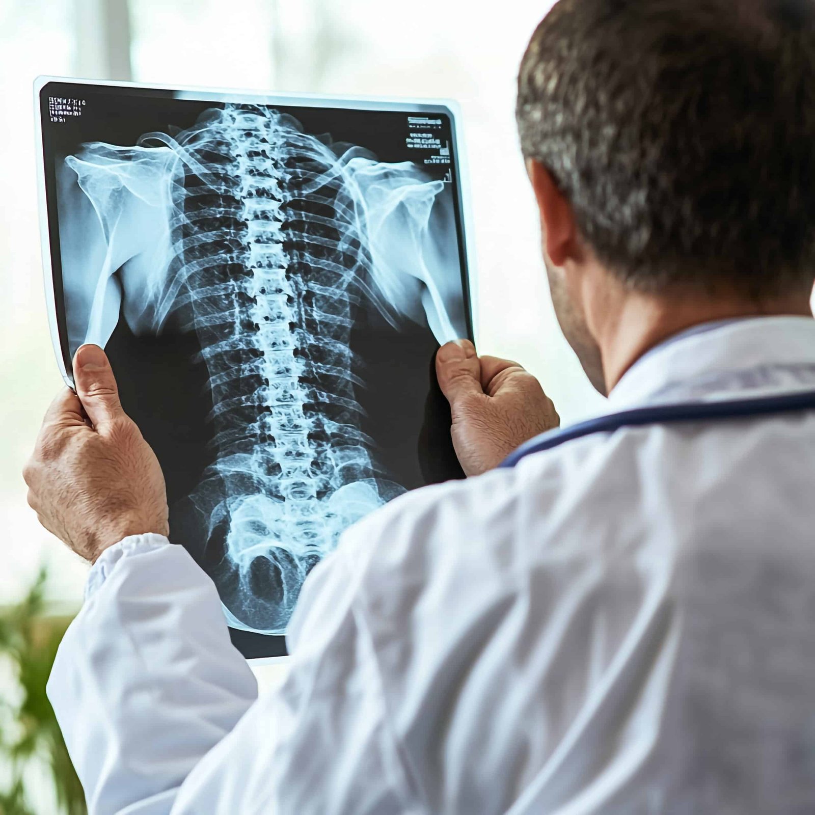 man-is-looking-monitor-with-lab-coat-it A man is looking at an X-ray with a lab coat on
