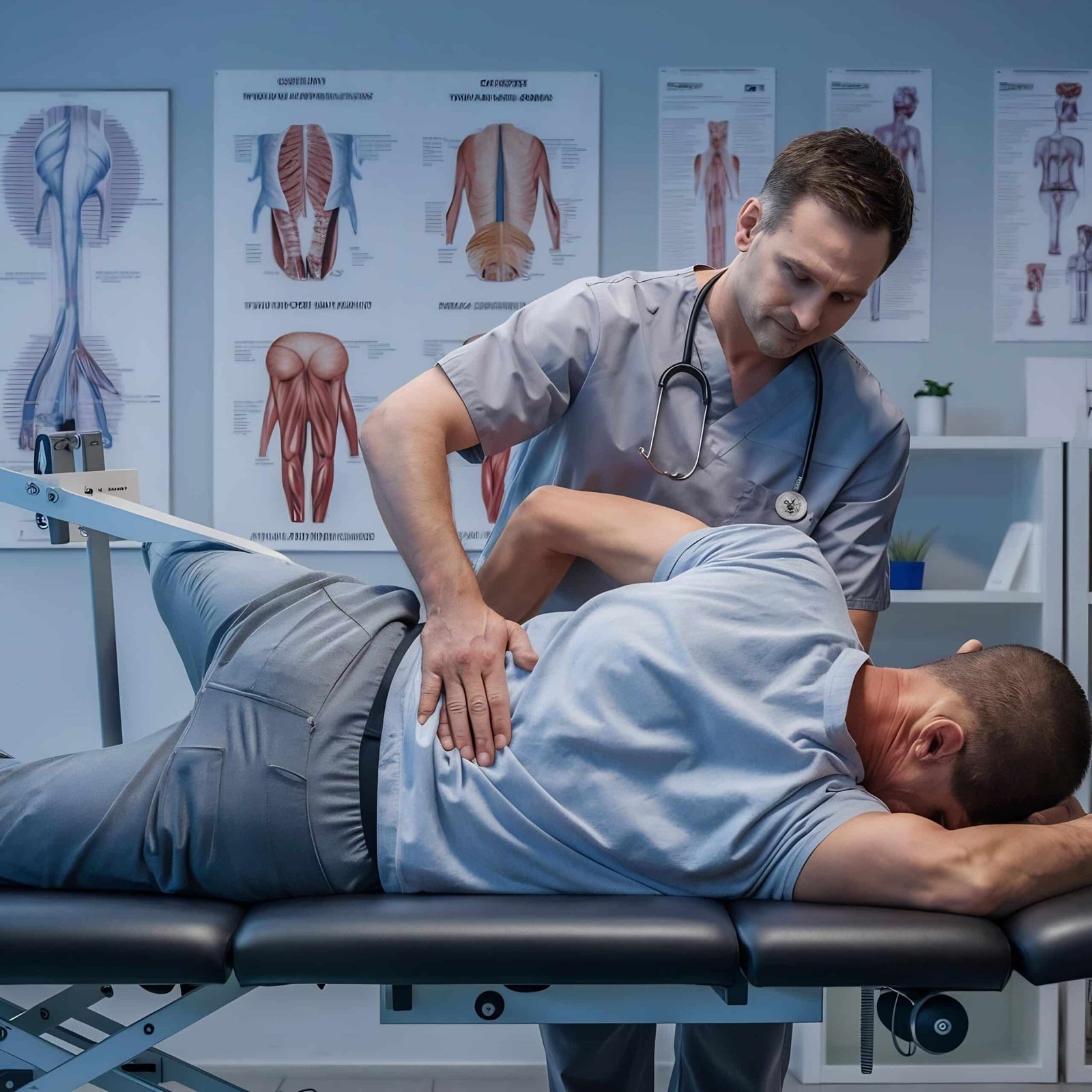 man-medical-office-physiotherapist-is-rehabilitating-back Man in the medical office physiotherapist is rehabilitating back