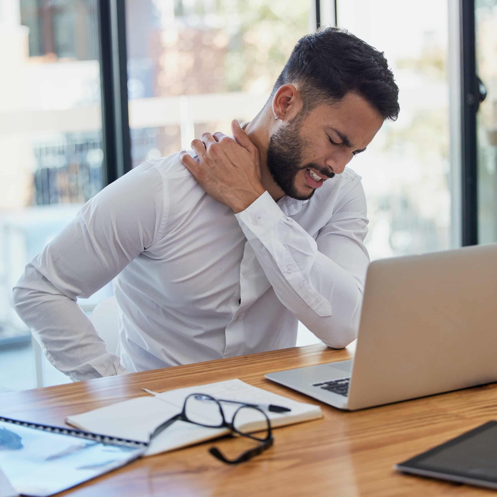 man-shoulder-pain-laptop-while-working-office-suffering-from-stress-depression-burnout-desk-arab-businessman-sitting-massage-body-feeling-tired-fatigue Man shoulder pain and laptop while working in office suffering from stress depression and burnout at desk arab businessman sitting to massage body feeling tired and fatigue