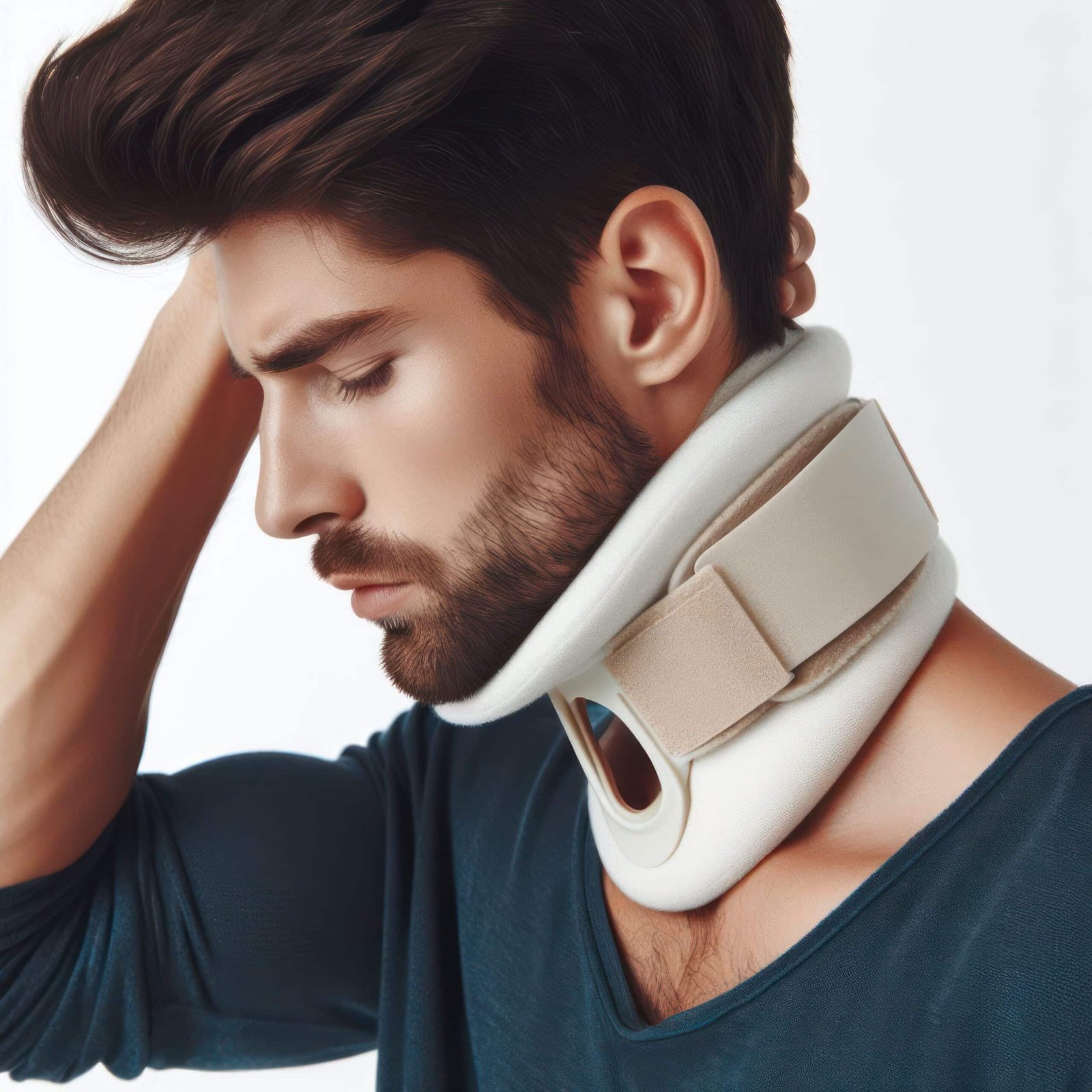Man with Neck brace neck pain problems Isolated on white background copy space Man with neck brace neck pain