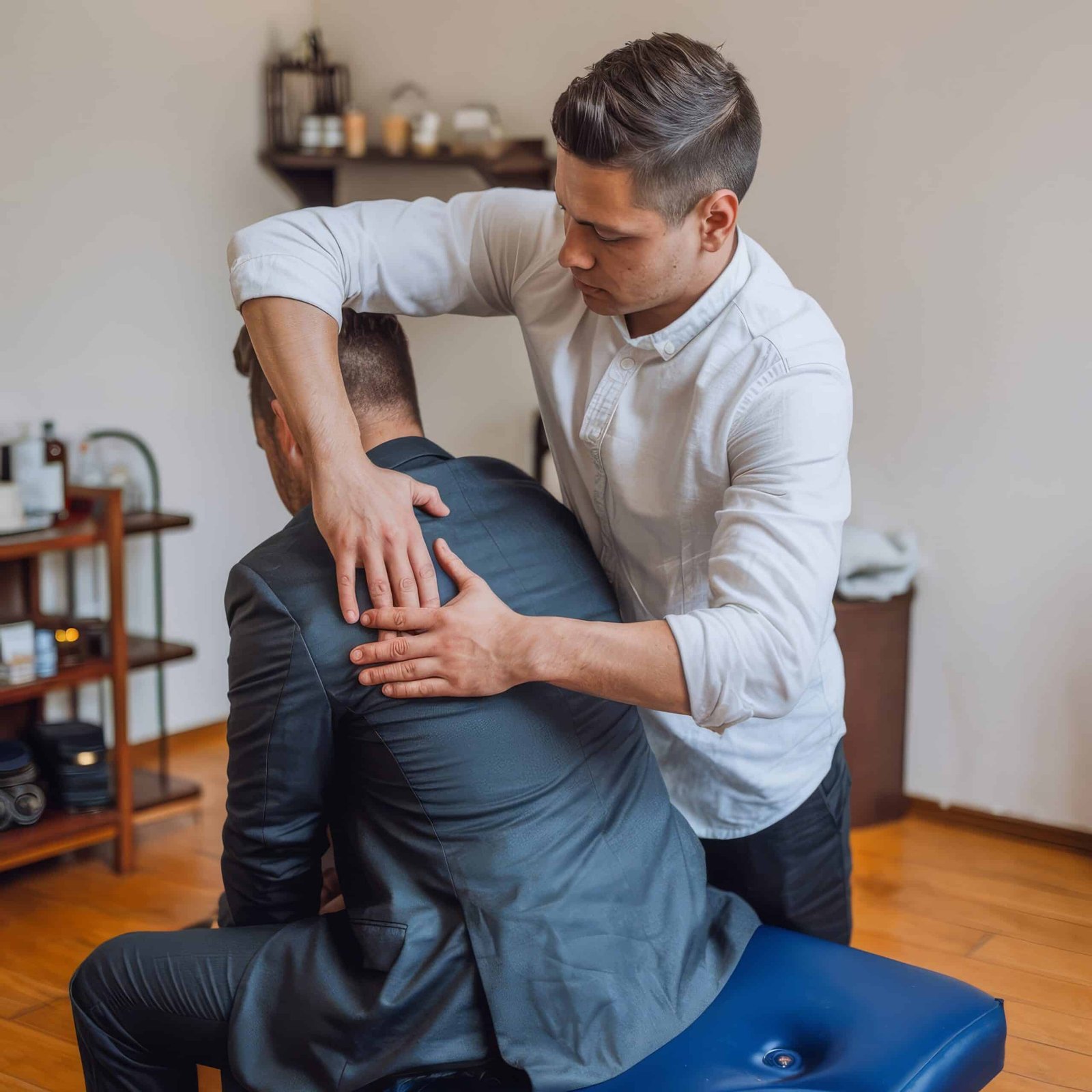 masseur-man-doing-back-massage-his-client man doing back massage for his client