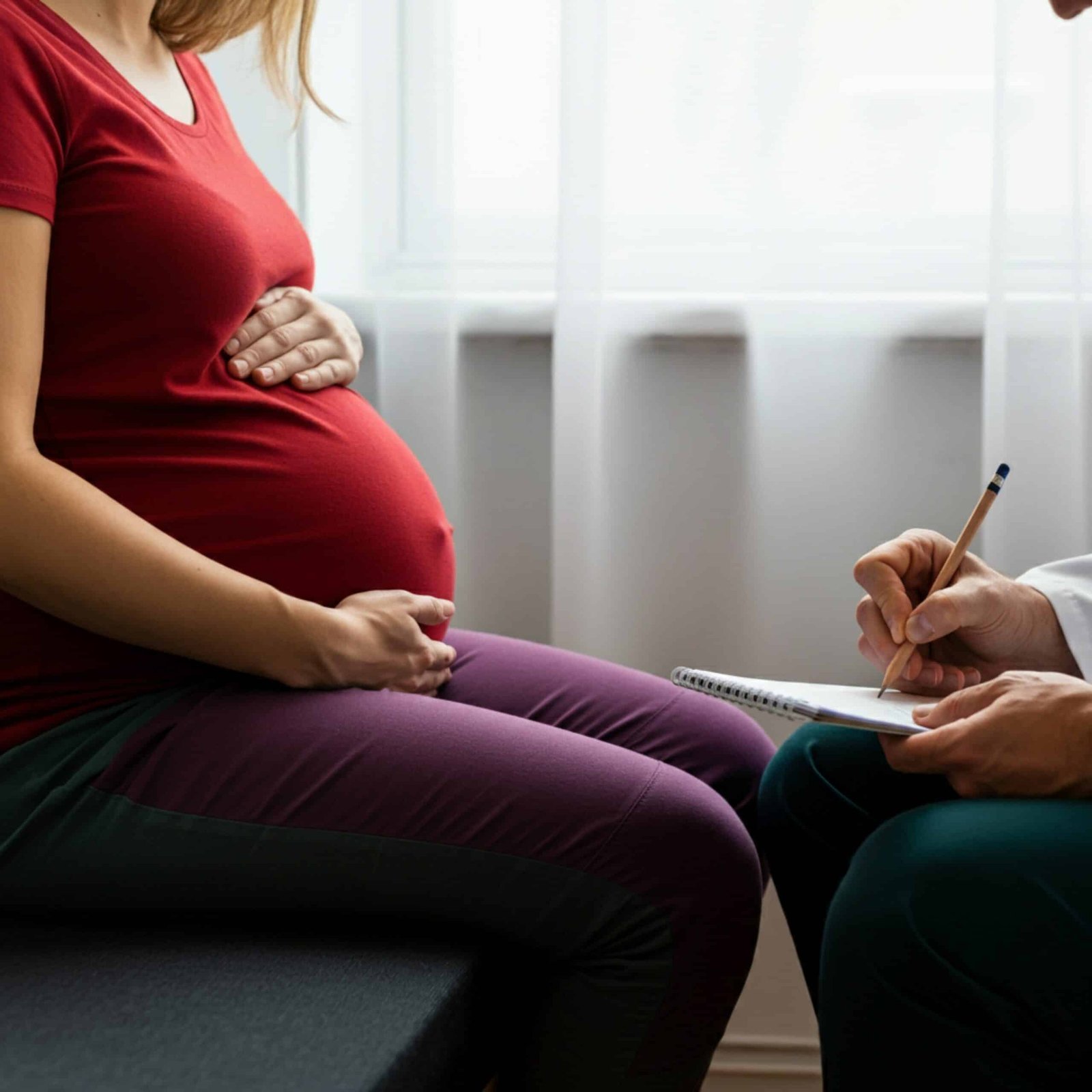 pregnant-woman-is-sitting-chair-man-is-writing-with-pen Pregnant woman is sitting in a chair man is taking notes