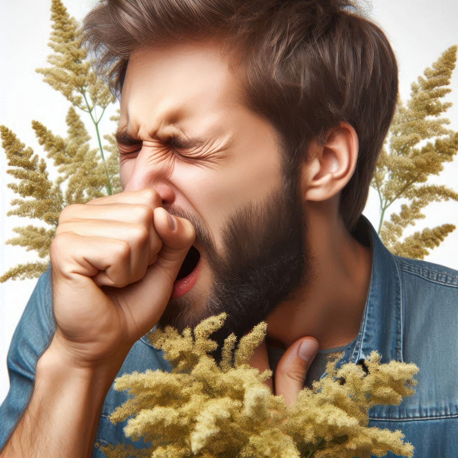 Ragweed allergy, man inhales and sneezes Isolated on white background Ragweed allergy man inhales and sneezes